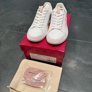 Tory Burch Double T Howell Court White and Pink Sneakers